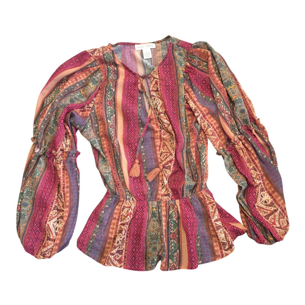 Flying Tomato Women Small Boho Geometric Peplum Balloon Sleeve Tassel Tie Blouse